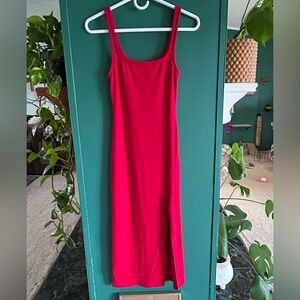 Simple Red Midi Slip Dress Ribbed Bodycon Tank Dress Slit in front